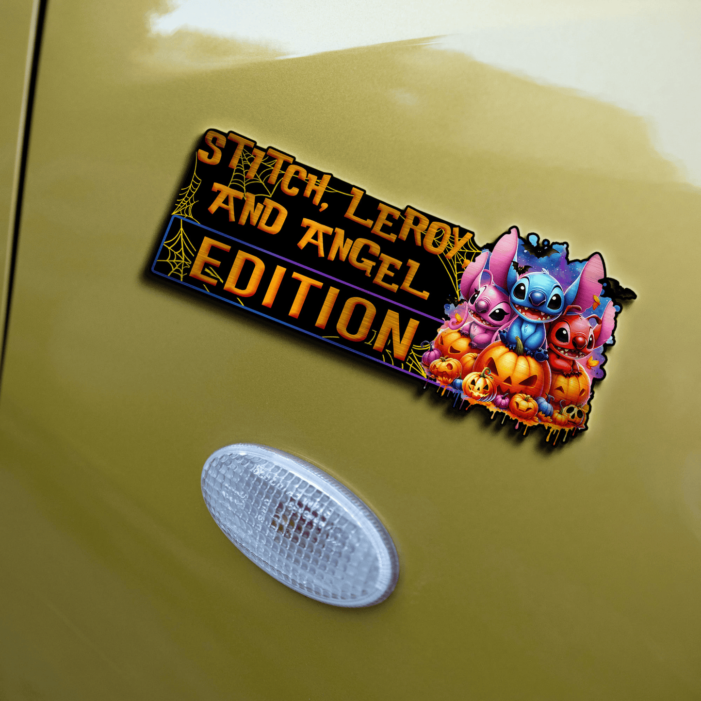 Stitch, Leroy, and Angel Halloween Edition Laser Engraved or 3D Inlayed Car Name Badge