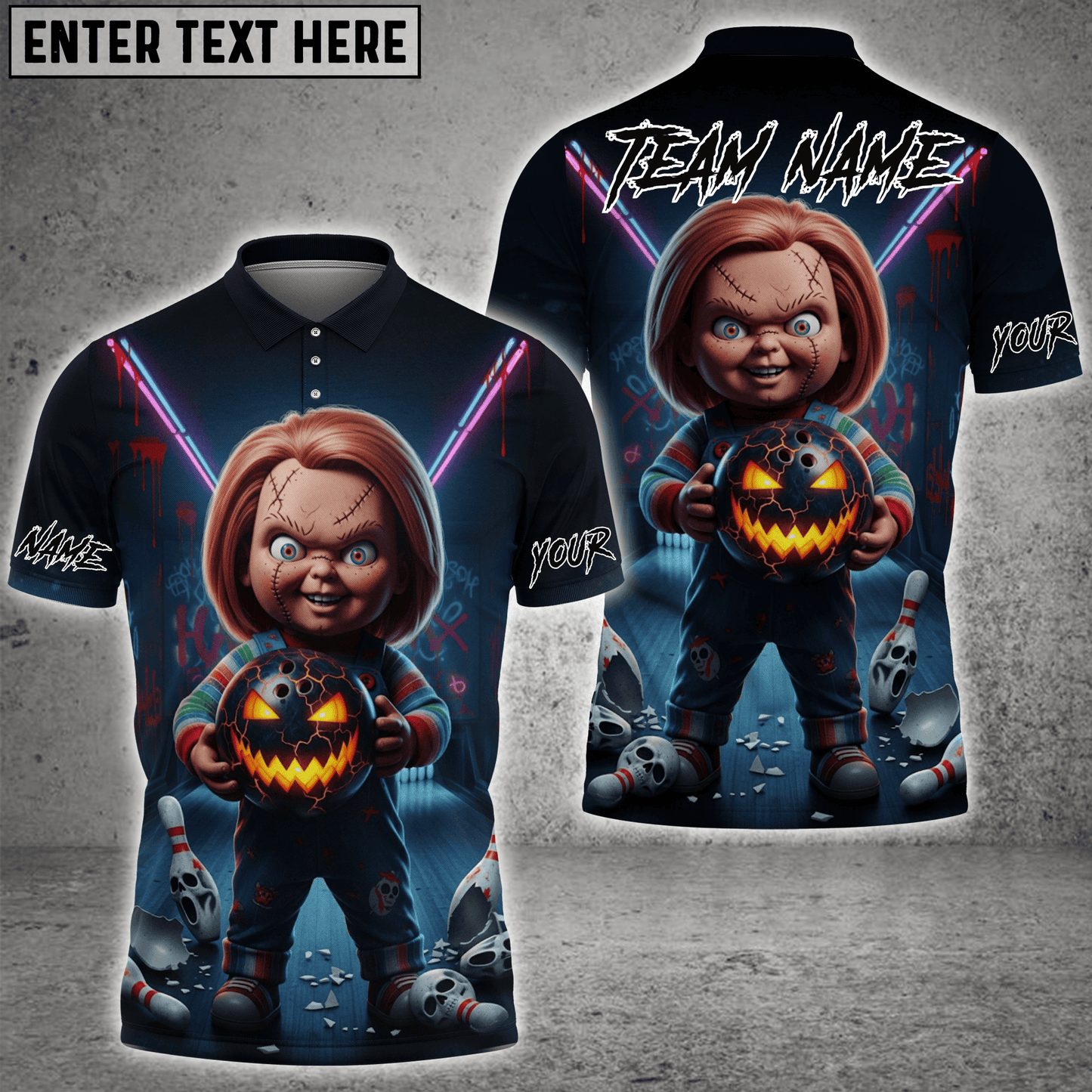 Bowling Shirt Chk Pumpkin Halloween Neon Design Multioptions Personalized Name, Team Name Unisex 3D Shirt