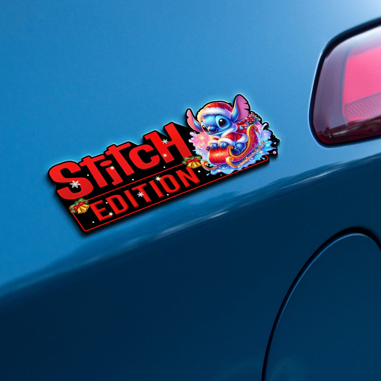 Santa Stitch Christmas Edition Laser Engraved or 3D Inlayed Car Name Badge