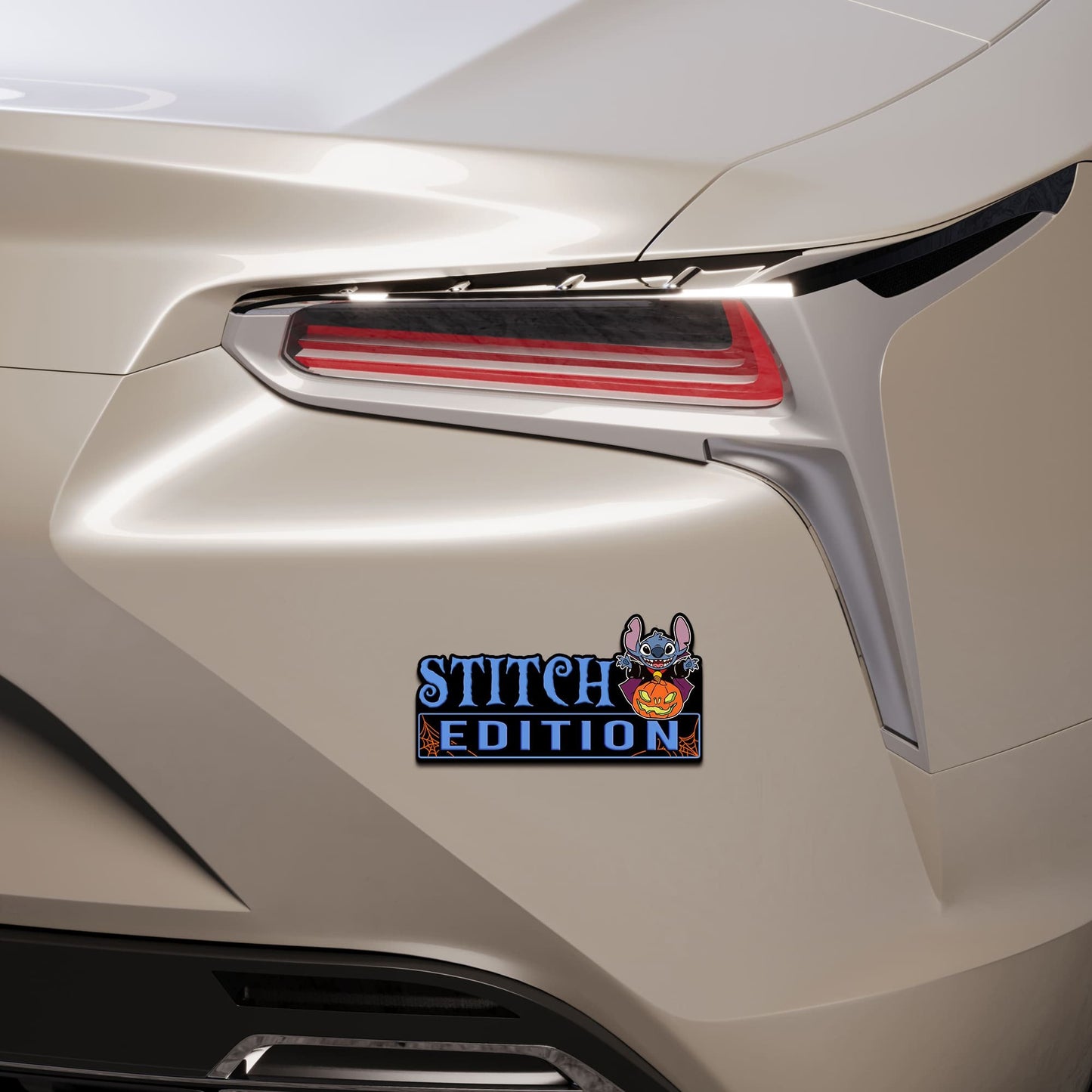 Halloween Costume Stitch with Pumpkin Jack o Lantern Edition Laser Engraved or 3D Inlayed Car Name Badge