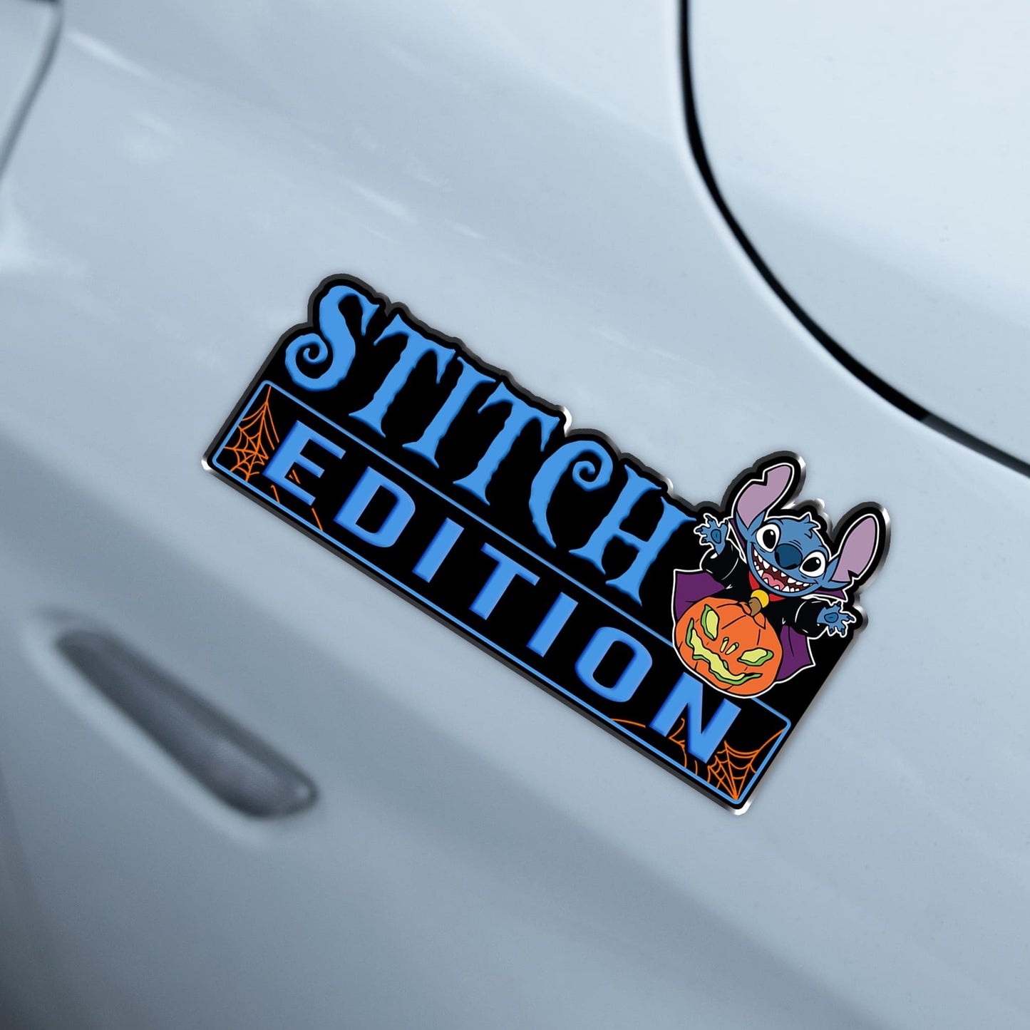Halloween Costume Stitch with Pumpkin Jack o Lantern Edition Laser Engraved or 3D Inlayed Car Name Badge