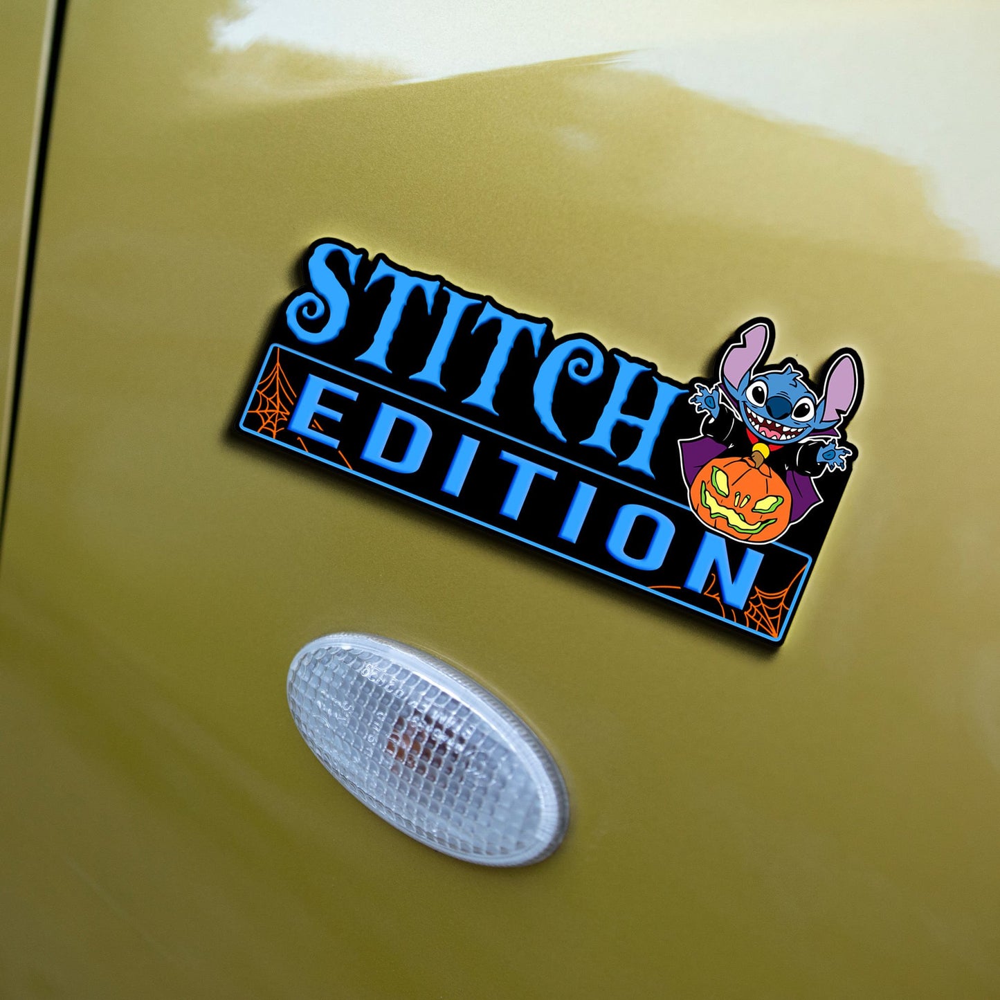Halloween Costume Stitch with Pumpkin Jack o Lantern Edition Laser Engraved or 3D Inlayed Car Name Badge