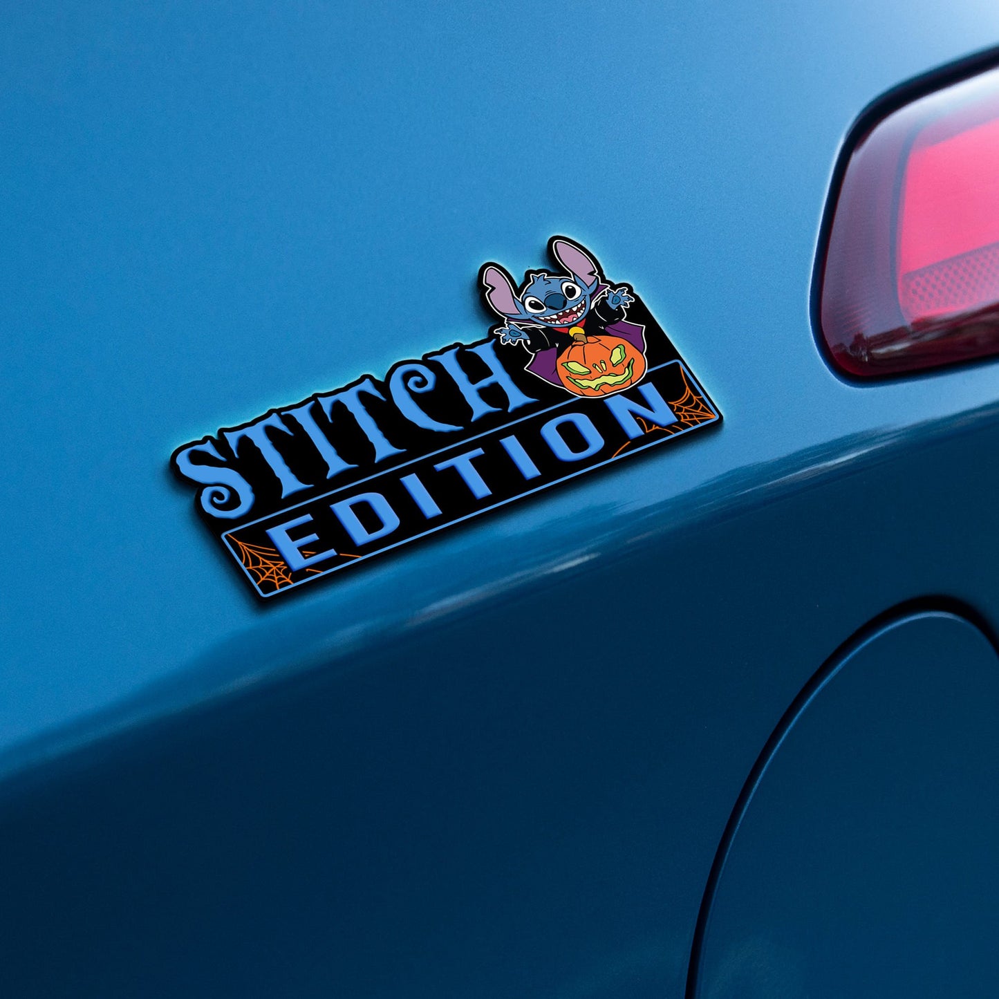 Halloween Costume Stitch with Pumpkin Jack o Lantern Edition Laser Engraved or 3D Inlayed Car Name Badge