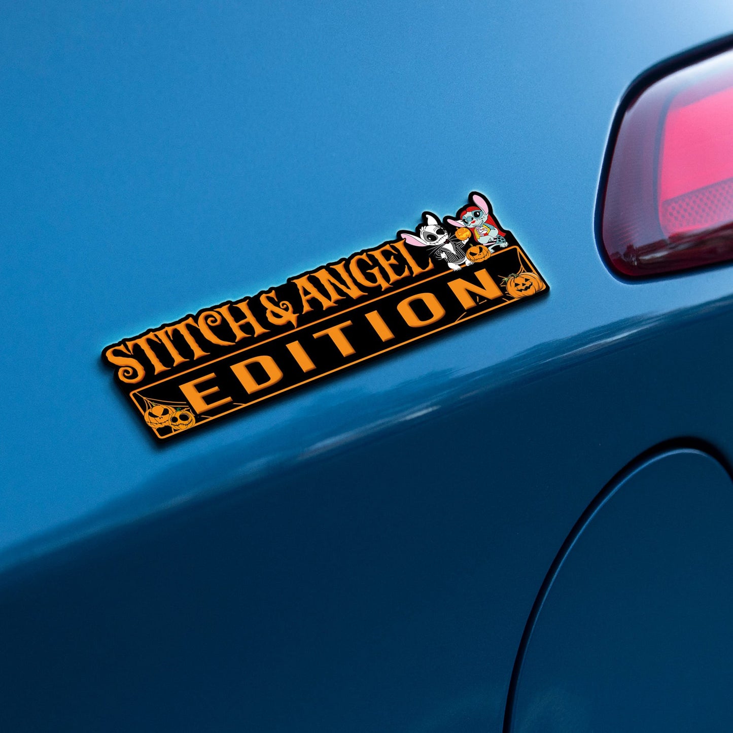 Stitch and Angel Halloween Edition Laser Engraved or 3D Inlayed Car Name Badge