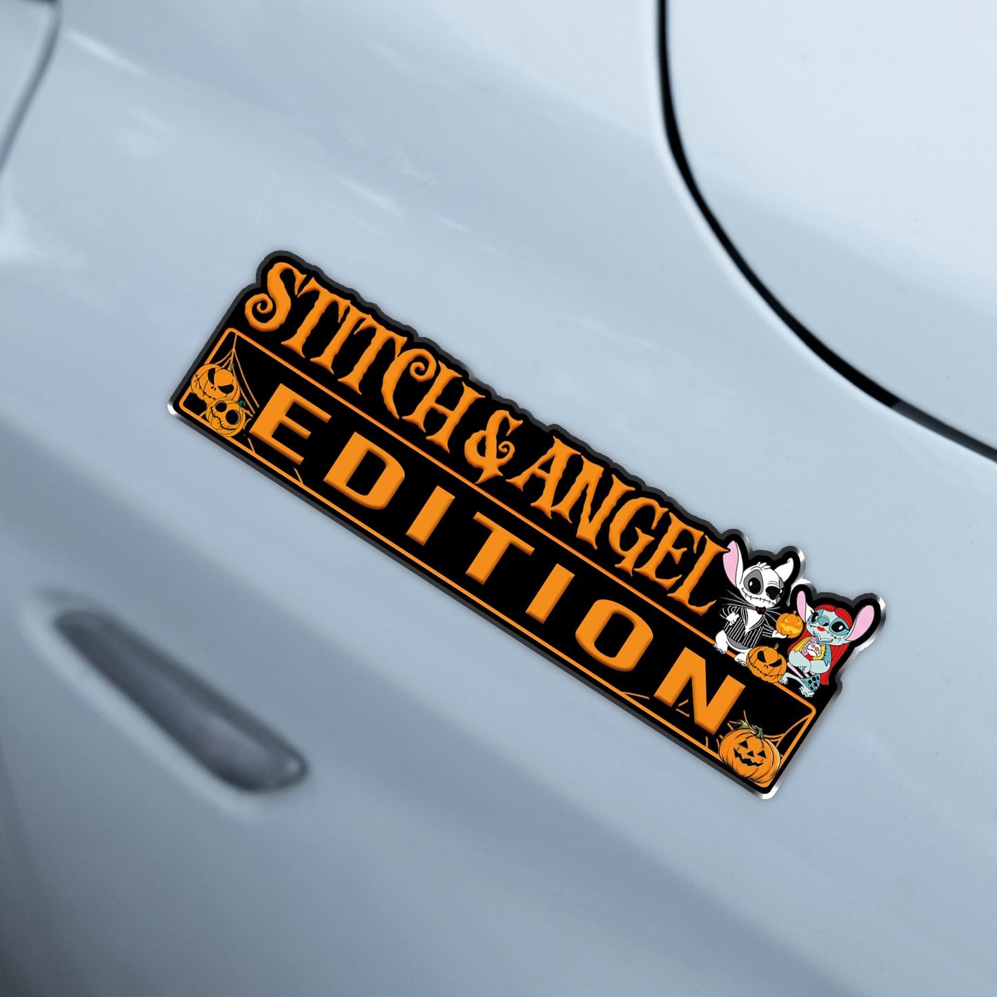 Stitch and Angel Halloween Edition Laser Engraved or 3D Inlayed Car Name Badge