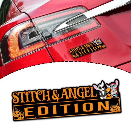 Stitch and Angel Halloween Edition Laser Engraved or 3D Inlayed Car Name Badge