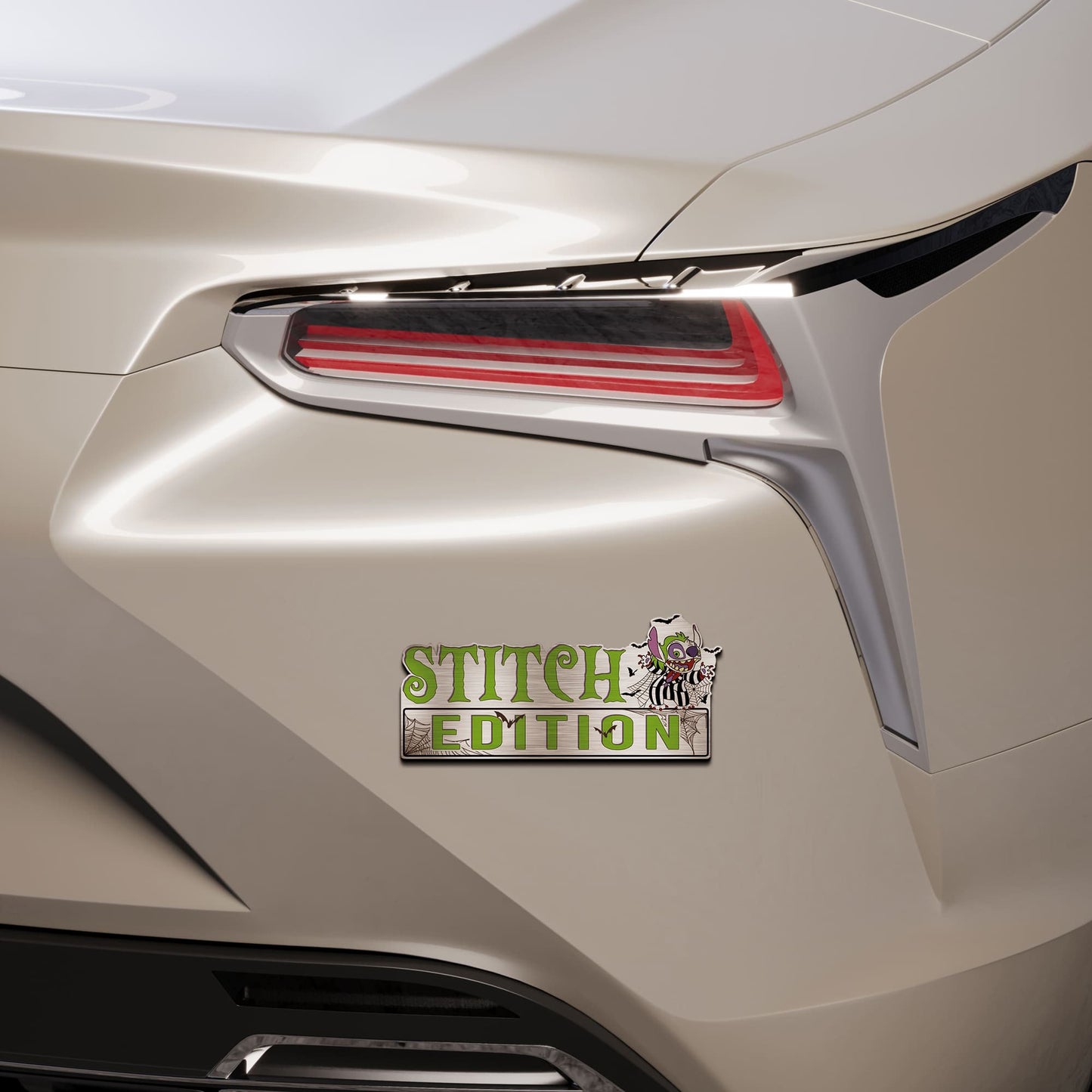 Stitch as Beetlejuice Halloween Costume Edition Laser Engraved or 3D Inlayed Car Name Badge