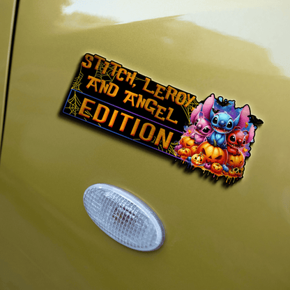 Stitch, Leroy, and Angel Halloween Edition Laser Engraved or 3D Inlayed Car Name Badge