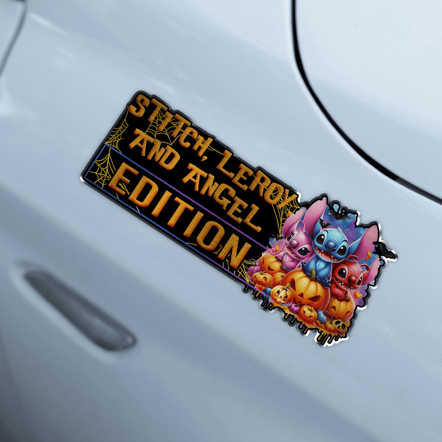 Stitch, Leroy, and Angel Halloween Edition Laser Engraved or 3D Inlayed Car Name Badge