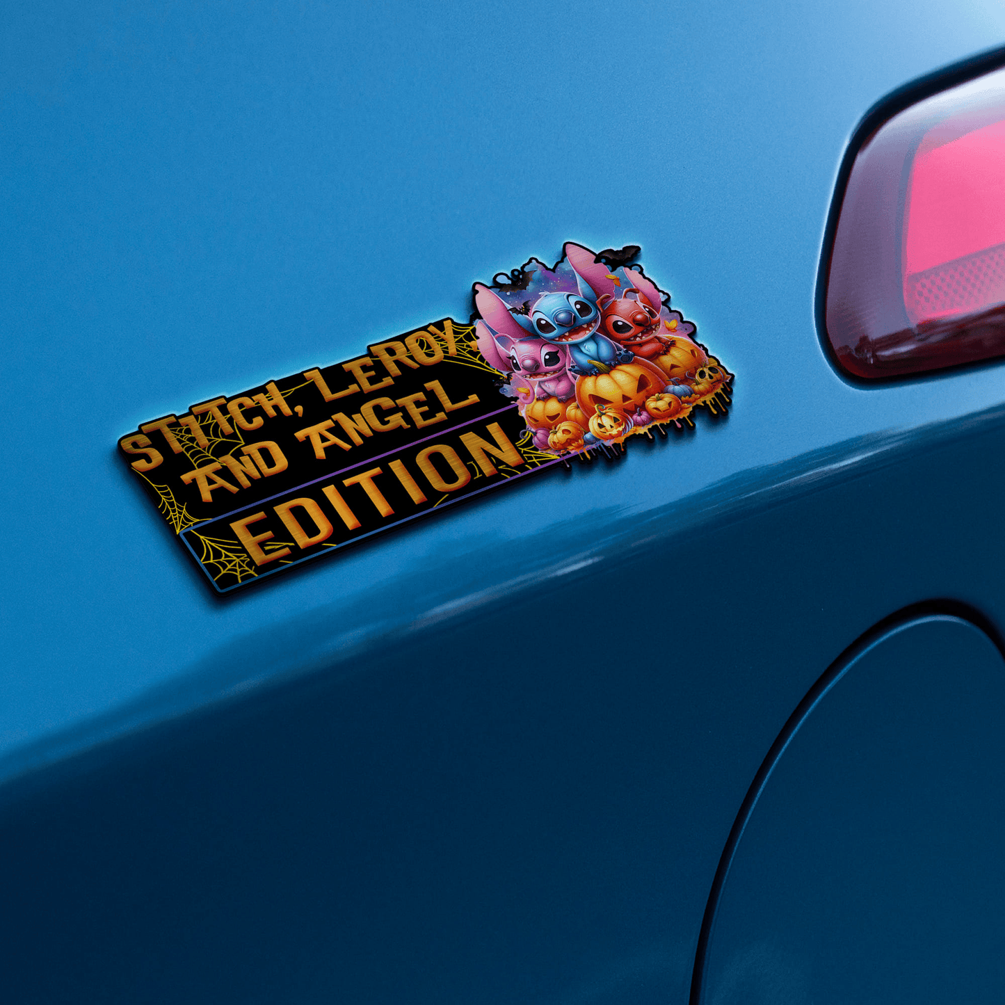 Stitch, Leroy, and Angel Halloween Edition Laser Engraved or 3D Inlayed Car Name Badge