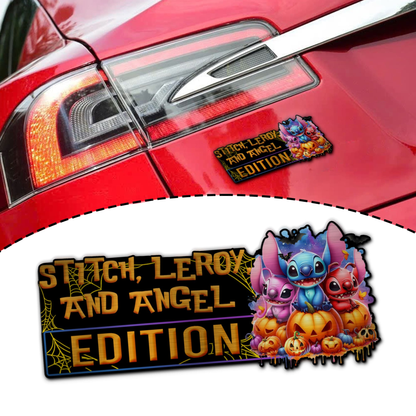 Stitch, Leroy, and Angel Halloween Edition Laser Engraved or 3D Inlayed Car Name Badge