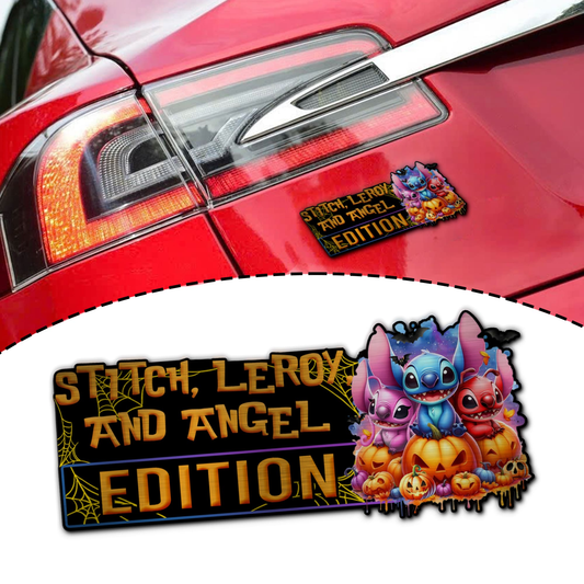 Stitch, Leroy, and Angel Halloween Edition Laser Engraved or 3D Inlayed Car Name Badge