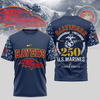 Baltimore Ravens T-Shirt | USMC 250th Anniversary Tribute | NFL Fan Gear | Blue & Scarlet