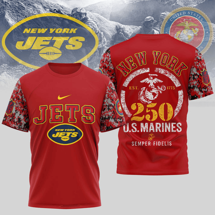 New York Jets USMC 250th Anniversary T-Shirt – NFL Veterans Tribute Shirt – Blue & Scarlet