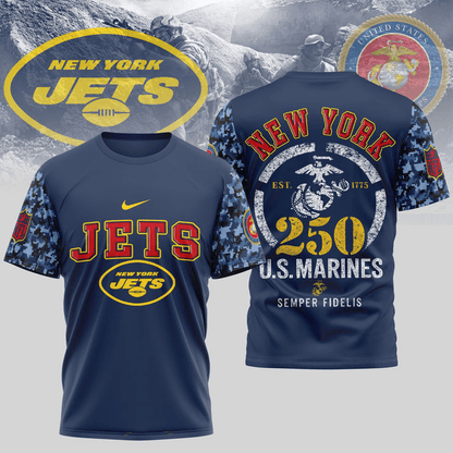 New York Jets USMC 250th Anniversary T-Shirt – NFL Veterans Tribute Shirt – Blue & Scarlet