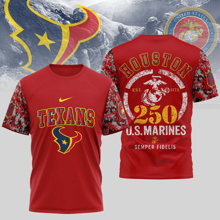 Houston Texans x USMC 250th Anniversary T-Shirt – NFL Football Fan Gear | Blue & Scarlet Edition