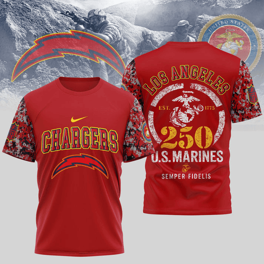 Los Angeles Chargers NFL T-Shirt – 250th U.S. Marines Anniversary Edition | Blue & Scarlet